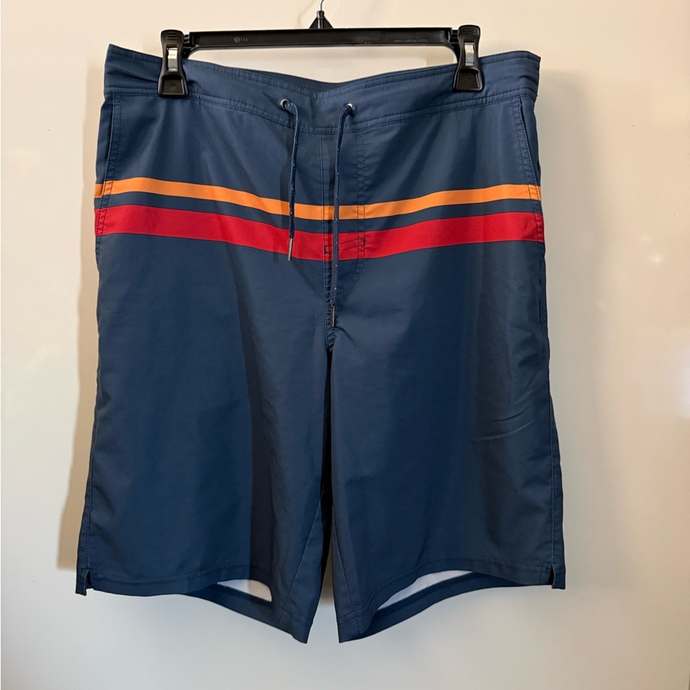 Men's Fair Harbor Blue Swim Shorts with Red and Orange Stripes Lined